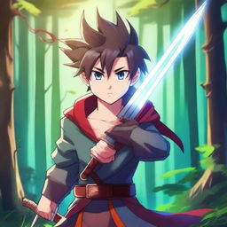 Create an anime-style image featuring a young hero with spiky hair, a glowing sword, and a determined expression