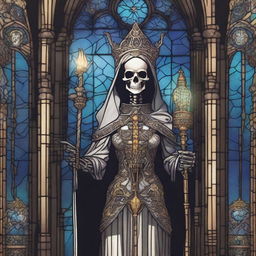 A detailed illustration of a female skeleton cleric, dressed in ornate robes with mystical symbols