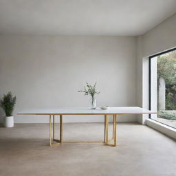 A large dining table with a white top and a golden base standing alone in wide open space