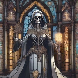 A detailed illustration of a female skeleton cleric, dressed in ornate robes with mystical symbols