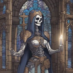 A detailed illustration of a female skeleton cleric, dressed in ornate robes with mystical symbols