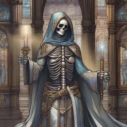 A detailed illustration of a female skeleton cleric, dressed in ornate robes with mystical symbols