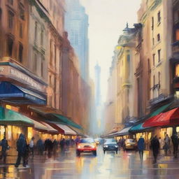 Create an impressionist painting of a bustling cityscape