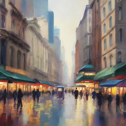 Create an impressionist painting of a bustling cityscape