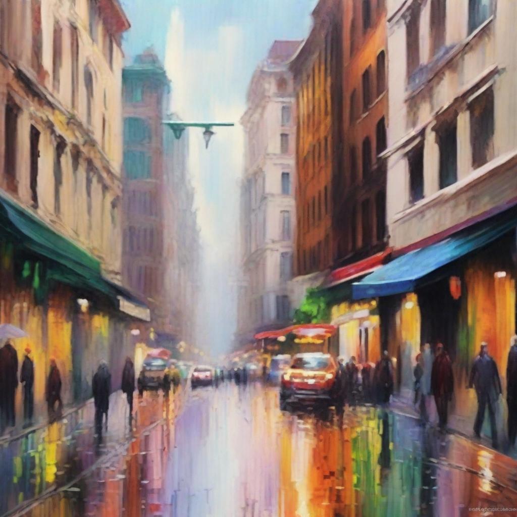 Create an impressionist painting of a bustling cityscape