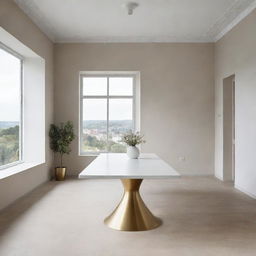 A large dining table with a white top and a golden base standing alone in wide open space