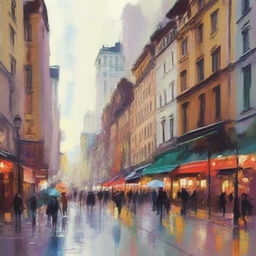 Create an impressionist painting of a bustling cityscape