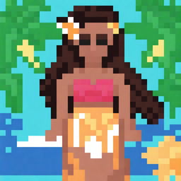 Create a detailed 32x32 pixel art image of a pretty Hawaiian girl with shadows and lights