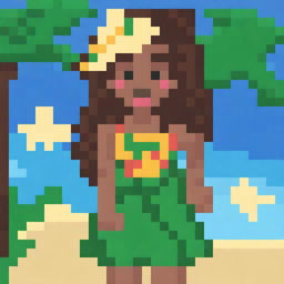 Create a detailed 32x32 pixel art image of a pretty Hawaiian girl with shadows and lights