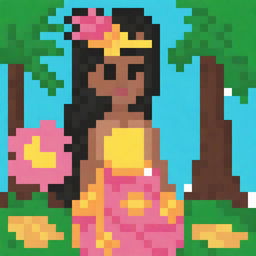 Create a detailed 32x32 pixel art image of a pretty Hawaiian girl with shadows and lights