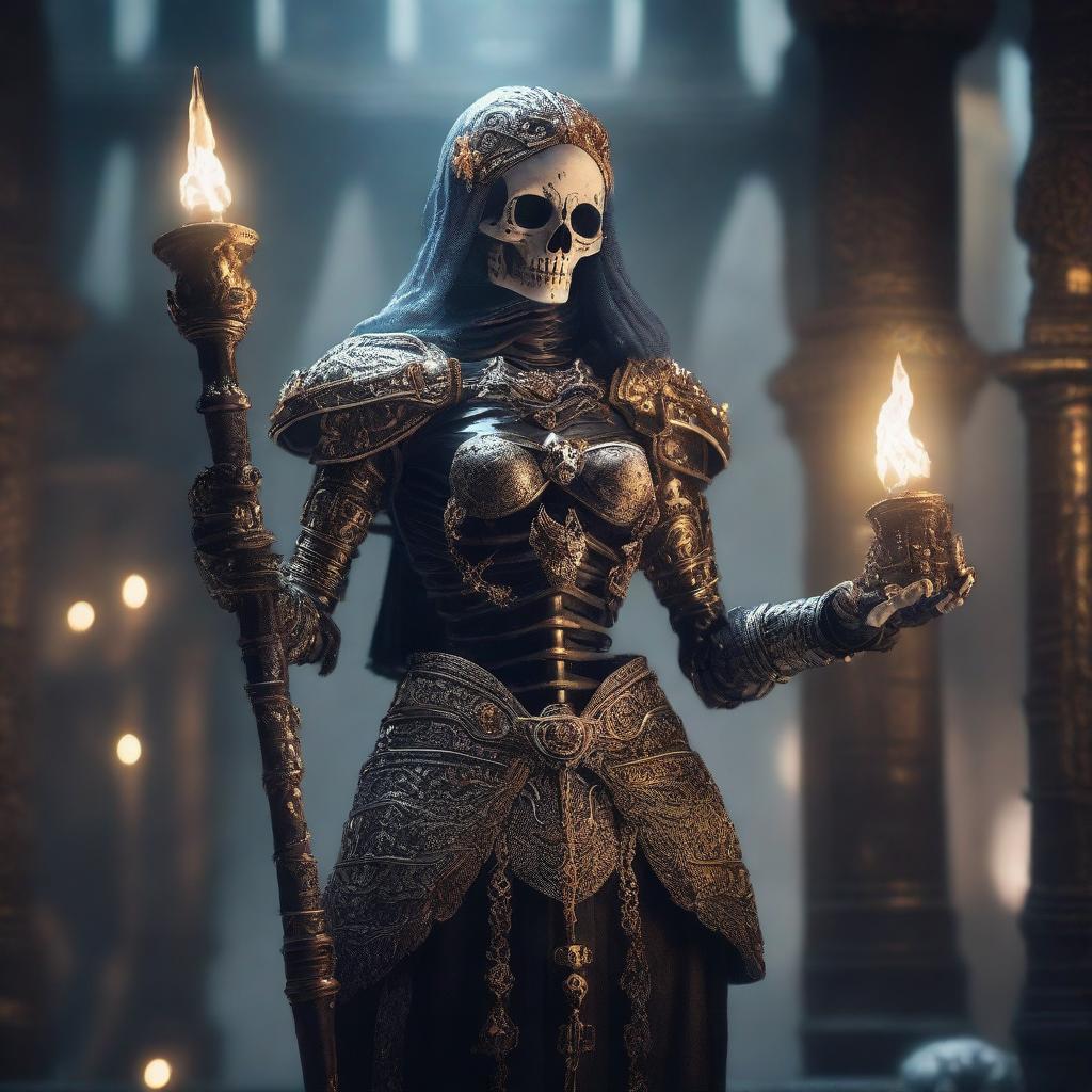 A female skeleton cleric dressed in intricately designed armor, holding a glowing staff