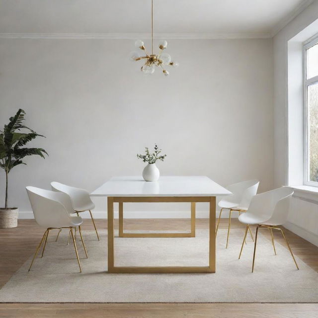 A large dining table with a white top and a golden base standing alone in wide open space