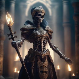 A female skeleton cleric dressed in intricately designed armor, holding a glowing staff