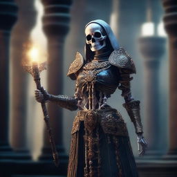 A female skeleton cleric dressed in intricately designed armor, holding a glowing staff