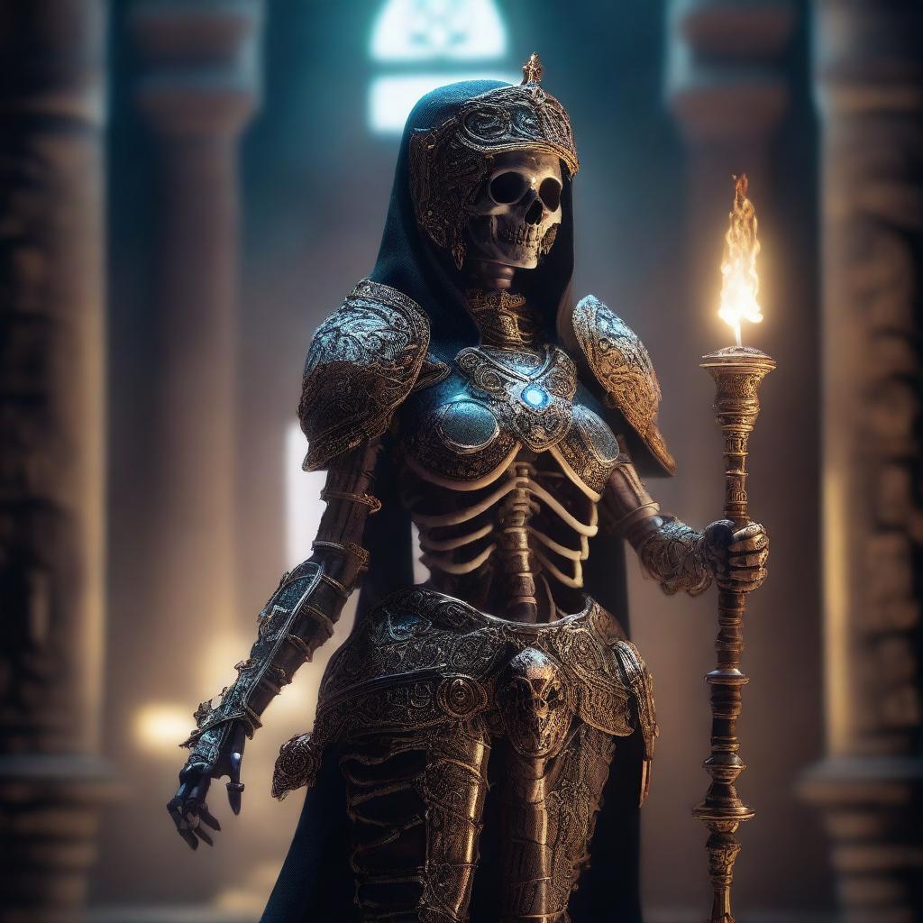 A female skeleton cleric dressed in intricately designed armor, holding a glowing staff