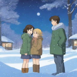 Create a realistic yet slightly anime-styled image of a nighttime park setting with heavy snowfall