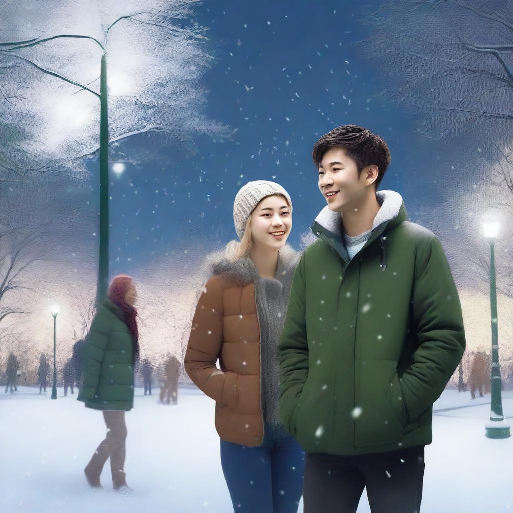 Create a realistic image of a nighttime park setting with heavy snowfall