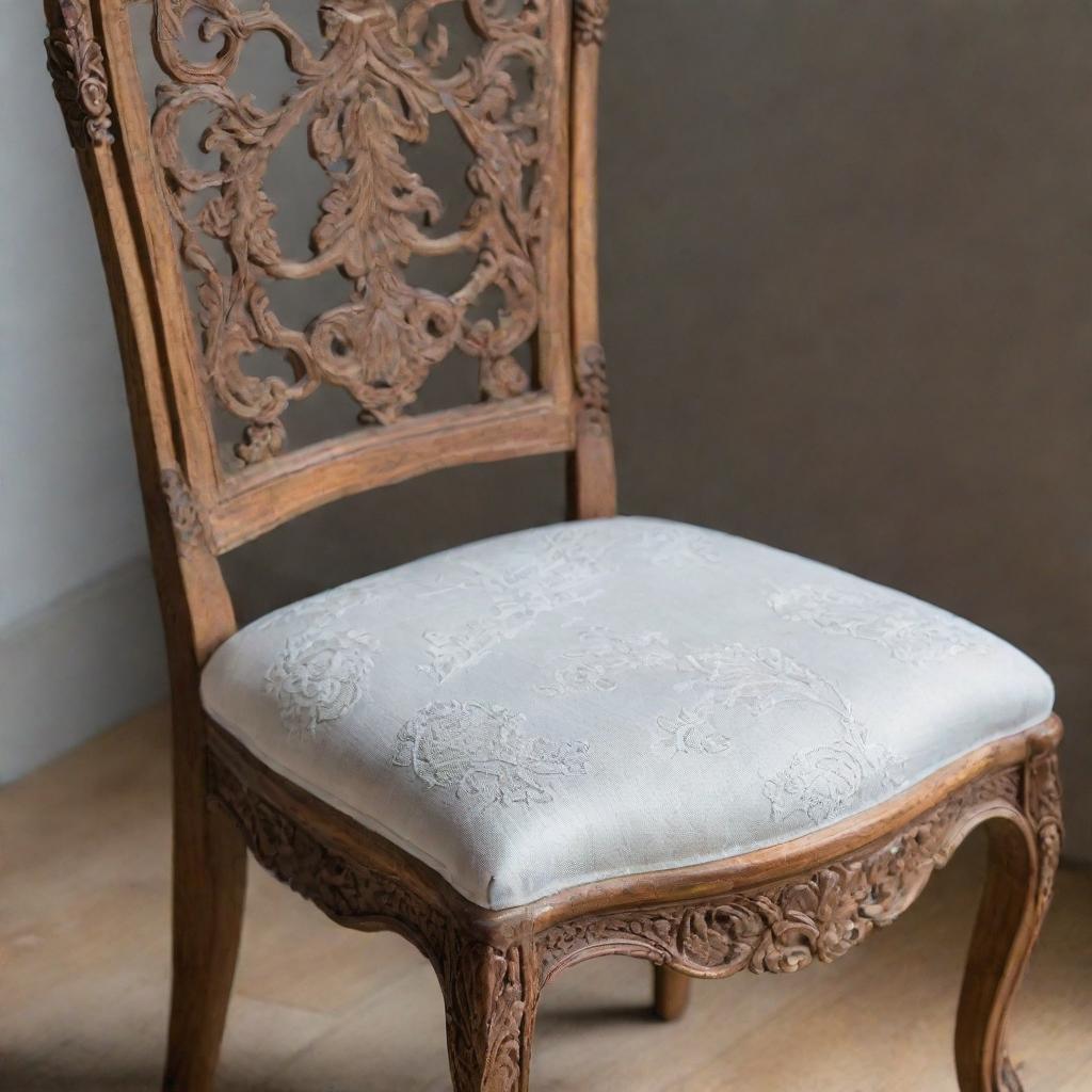 A wooden chair with intricately carved details and white textured fabric