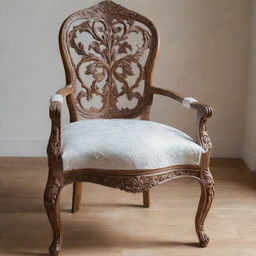 A wooden chair with intricately carved details and white textured fabric