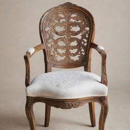 A wooden chair with intricately carved details and white textured fabric