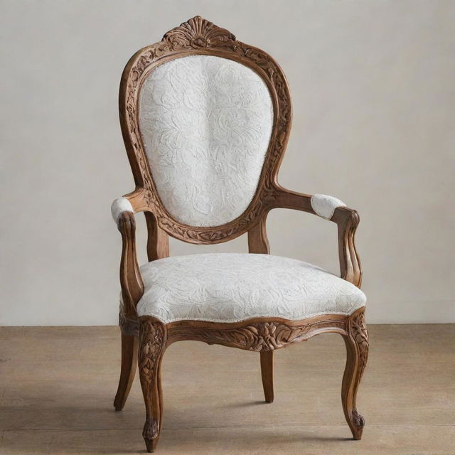 A wooden chair with intricately carved details and white textured fabric