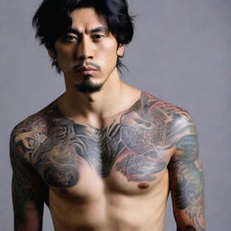 A Japanese man with a bad boy image, dark hair, brown eyes, and a tattoo on his neck