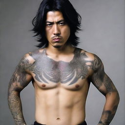 A Japanese man with a bad boy image, dark hair, brown eyes, and a tattoo on his neck