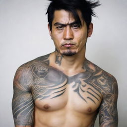 A Japanese man with a bad boy image, dark hair, brown eyes, and a tattoo on his neck