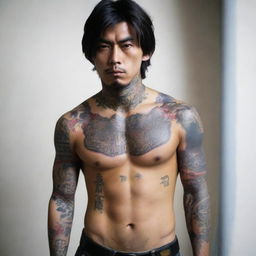 A Japanese man with a bad boy image, dark hair, brown eyes, and a tattoo on his neck