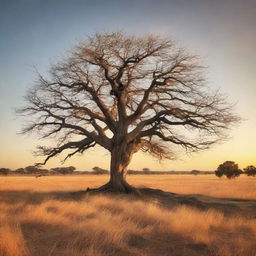 A detailed and realistic image of an old, weathered tree standing alone in a vast, open field