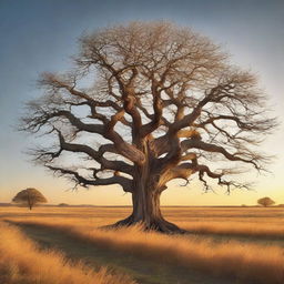 A detailed and realistic image of an old, weathered tree standing alone in a vast, open field