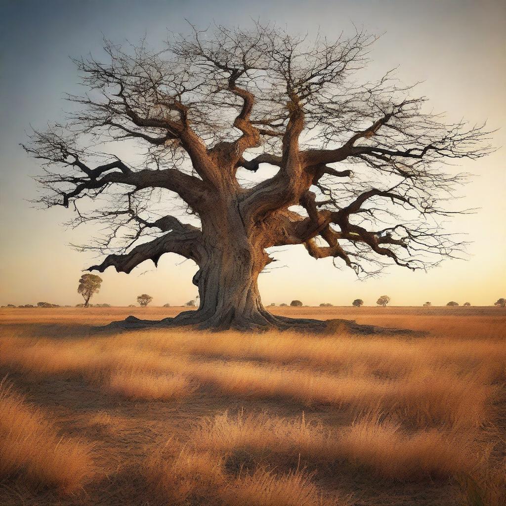 A detailed and realistic image of an old, weathered tree standing alone in a vast, open field