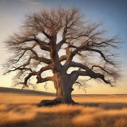 A detailed and realistic image of an old, weathered tree standing alone in a vast, open field