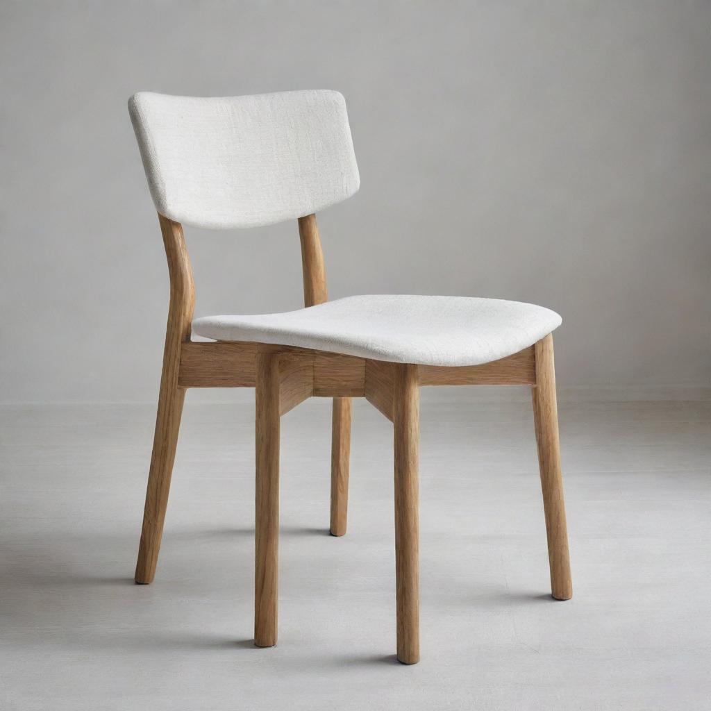 A modern minimalist chair made of oak wood and covered with textured white fabric