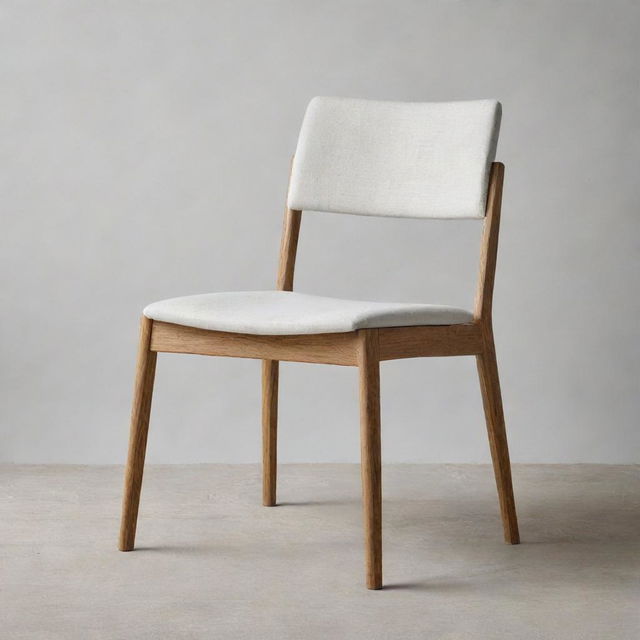 A modern minimalist chair made of oak wood and covered with textured white fabric