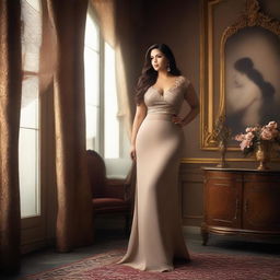 A curvaceous woman with a confident expression, wearing an elegant dress that highlights her figure