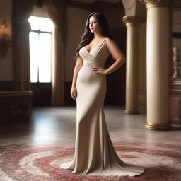 A curvaceous woman with a confident expression, wearing an elegant dress that highlights her figure