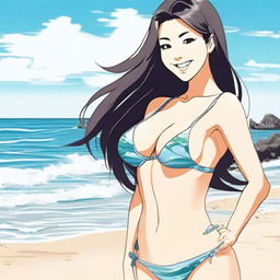 A Japanese woman with a kind smile, wearing a bikini that accentuates her curves