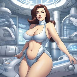 A beautiful, curvy woman with large hips and breasts wakes up in a futuristic laboratory