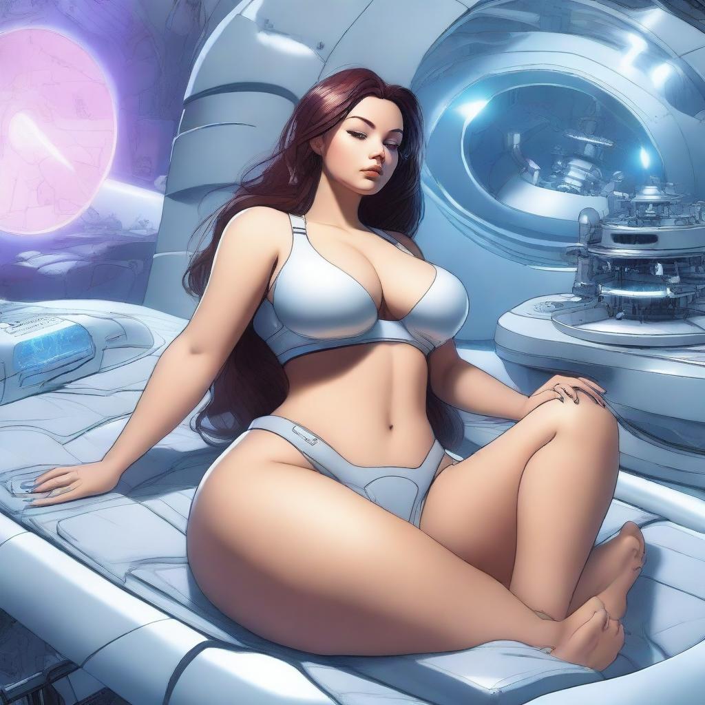 A beautiful, curvy woman with large hips and breasts wakes up in a futuristic laboratory