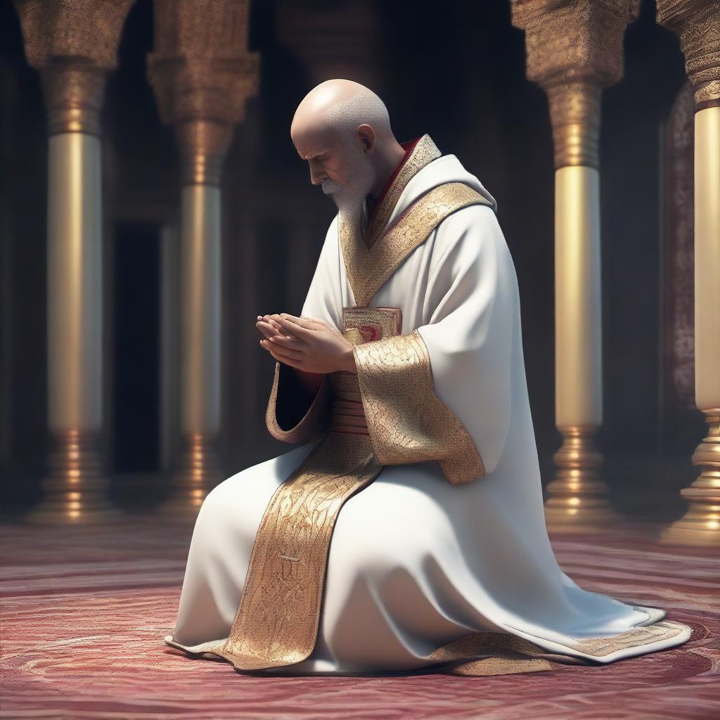 A humanoid cleric in deep prayer, kneeling with hands clasped, surrounded by a serene and sacred atmosphere