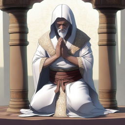 A humanoid cleric in deep prayer, kneeling with hands clasped, surrounded by a serene and sacred atmosphere