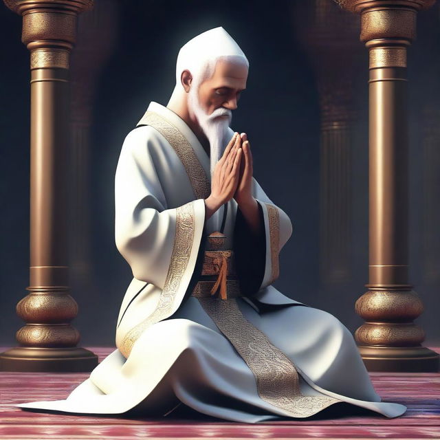 A humanoid cleric in deep prayer, kneeling with hands clasped, surrounded by a serene and sacred atmosphere