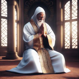 A humanoid cleric in deep prayer, kneeling with hands clasped, surrounded by a serene and sacred atmosphere