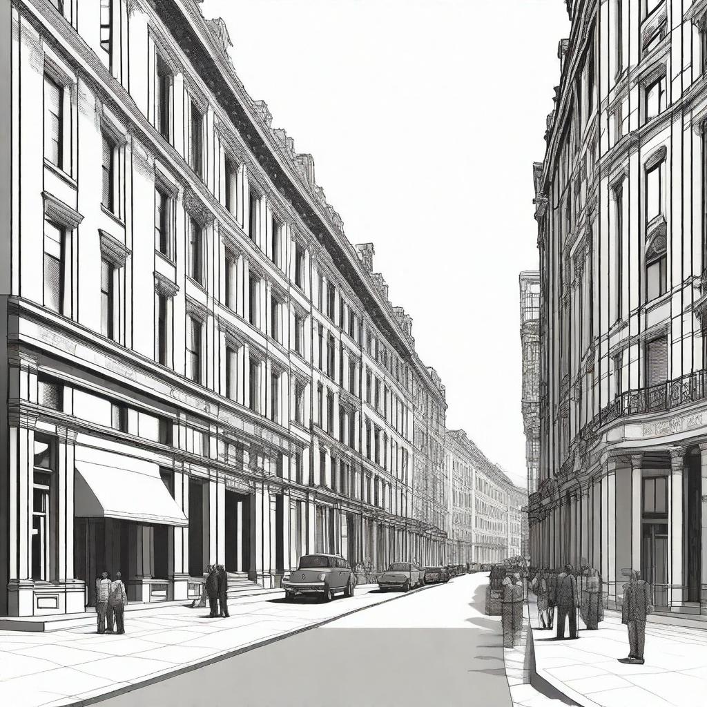 A detailed city street scene featuring buildings with a vanishing point perspective