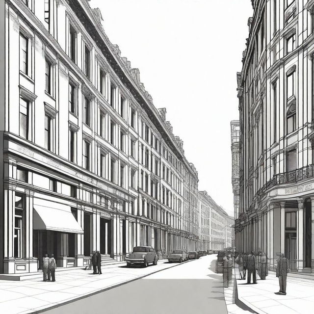 A detailed city street scene featuring buildings with a vanishing point perspective