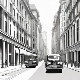 A detailed city street scene featuring buildings with a vanishing point perspective