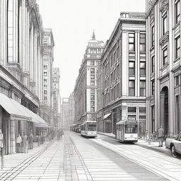 A detailed city street scene featuring buildings with a vanishing point perspective