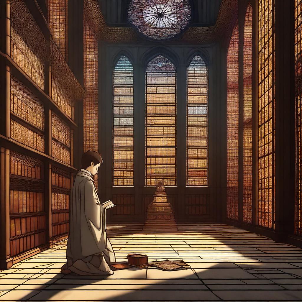 A young cleric praying in a grand temple of knowledge