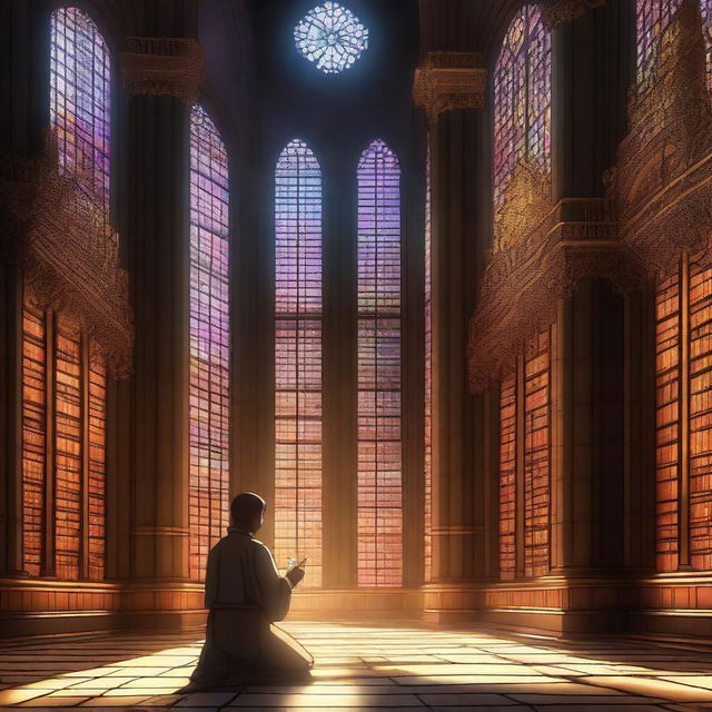 A young cleric praying in a grand temple of knowledge